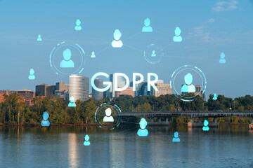 Panoramic view, Washington towards Arlington financial downtown, city skyline over Potomac River. Virginia, USA. GDPR hologram, concept of data protection regulation and privacy for all individuals
