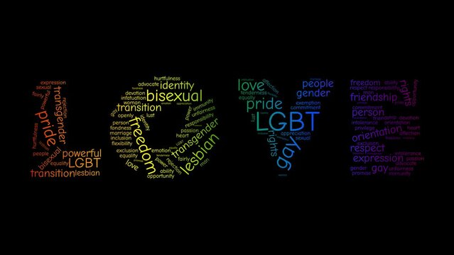 The word LOVE tag cloud shimmers with rainbow colors on the black background. LGBT concept. Gay Pride. Colorful graphic wallpaper. 4K resolution video. LGBT Pride Month. 