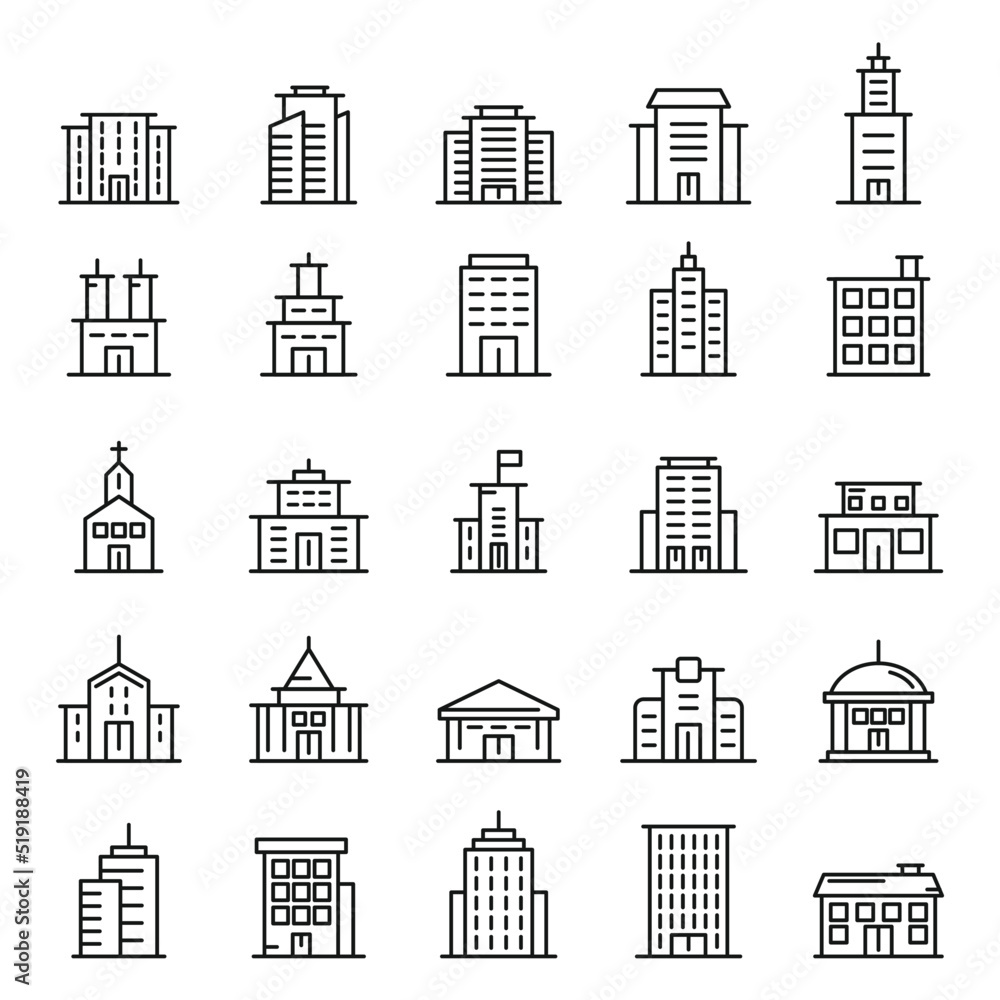 Wall mural Town buildinds line icons vector set isolated