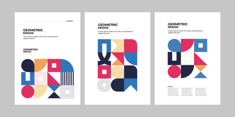 Colorful neo geometric poster. Grid with color geometrical shapes. Modern abstract promotional flyer background illustration set. Geometric template poster, brochure neo pattern