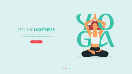 Woman does yoga pose or asana posture with yoga word. Exercise, workout for yoga anywhere concept.
Landing page template of yoga center, studio or yoga online class. 