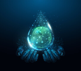 Two human hands are holds Planet Earth in water drop. World water day, Protection environmental, Ecology concept.
