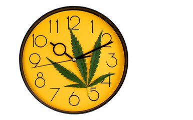 Cannabis leaf on a yellow watch face. isolated on a white background.