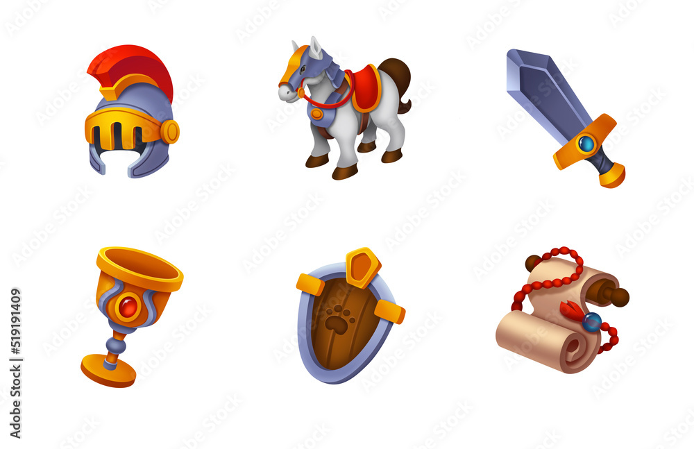 Wall mural medieval isolated knight items casual style icons set for game illustration