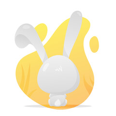 Cute gray bunny, hare sits with its back to us, symbol of new 2023 year on yellow spot, white background. Vector illustration for postcard, banner, web, decor, design, arts, calendar.