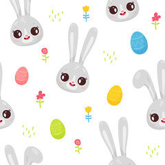 Pattern with cute gray bunny, hare, rabbit with big eyes, ears, eggs and flowers, symbol of new 2023 year on white background. Vector illustration for postcard, banner, web, design, arts, calendar.