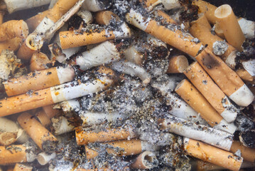 Pile of used cigarette stubs. Focus in centre of image.