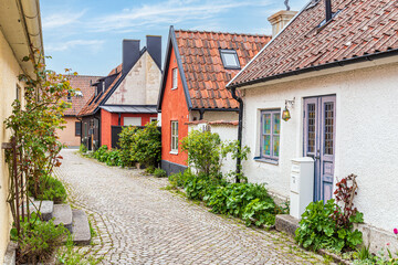 Traditional houses in the medieval town of Visby on the island of Gotland in the Baltic Sea off...