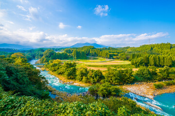 Fototapeta na wymiar 那須岳と那珂川上流。那須高原の自然を象徴するようなカット。