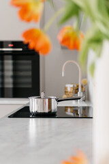 Shiny metal saucepan on induction cooker hob