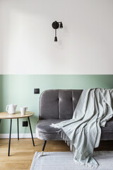 Grey sofa with soft upholstery standing in room