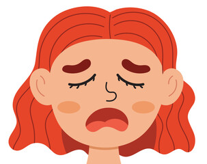 Tired emotion face. Little girl clipart with emotional expression. Feeling concept vector illustration