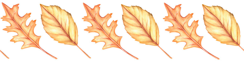 Autumn leaf seamless border. Watercolor vintage illustration. Isolated on a white background.
