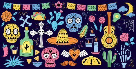 Dia de Los Muertos vector elements, icons collection. Day of the dead