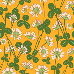 Clower with flowers. Botanical seamless vector pattern. Wildflowers on yellow background. Blooming field. Hand drawn illustration.