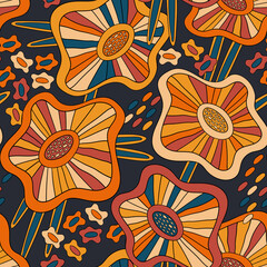 Seamless bright evening flower pattern. Abstract floral illustration on a dark cotrast background. Vector design for wallpaper, fabric, wrapping paper, cover and more.
