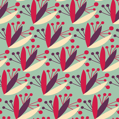 Retro seaamless pattern with abstract leaves and berries. Vintage colors hand drawn vector illustration. Tile for wrapping, fabric and home textile