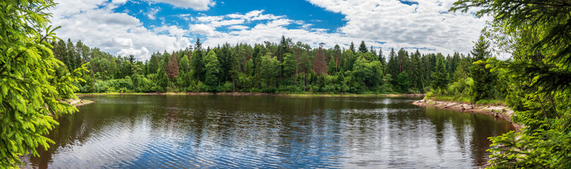 Fototapeta na wymiar panoramic view of a beautiful reservoir on the river. Górecko Kościelne, Poland