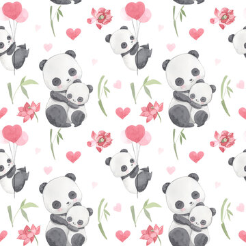 watercolor panda seamless pattern illustration for kids