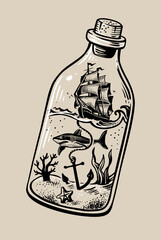 Glass bottle with ship inside. Hand drawn vintage