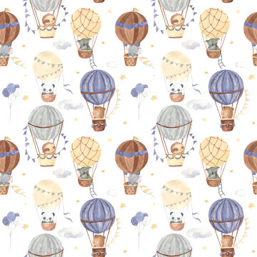 Hot air balloon watercolor seamless pattern illustration for kids