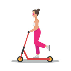 A woman rides an electric scooter. Flat style illustration. - 519199046