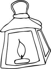 Lantern with candle Illustration.  Hand-drawn doodles illustration.
Line art.