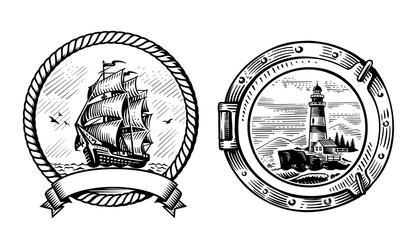 Sailing ship rope emblem vector. Lighthouse 