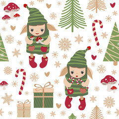 Obraz na płótnie Canvas Seamless pattern with Christmas elves, gifts, lollipops, snowflakes, mushrooms and Christmas trees. Forest gnomes in striped clothes hand drawn, vector illustration. Square repeating pattern 