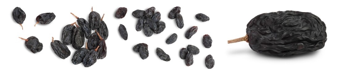 Black raisin isolated on white background. Top view. Flat lay. Set or collection