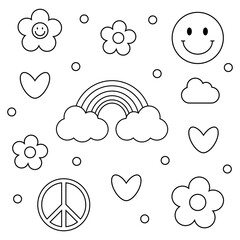1970 trippy groovy doodle set. Line daisies, hearts, rainbow, smile, peace, cloud on white background. 60s, 70s vibes elements, cartoon stickers. Groovy hand drawn vector illustration.
