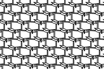 Seamless pattern completely filled with outlines of distance learning symbols. Elements are evenly spaced. Vector illustration on white background