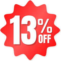 13% percent off(offer), shop now, red and yellow 3D super discount sticker, sale. vector illustration, Thirteen