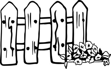 Fence with flowers Illustration.  Hand-drawn doodles illustration.
Line art.