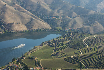 Cruise ship in Douro river and Alto Douro vineyards - UNESCO World Heritage