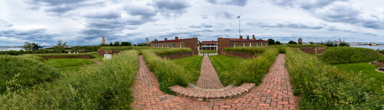 Panorama Of Fort McHenry In Baltimore, Maryland. Bastion On Star Fort. Fort McHenry National Monument And Historic Shrine. Curved Walls Reflect Francis Scott Key's 