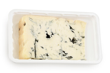 Blue cheese gorgonzola in plastic packaging isolated on white background with full depth of field. Top view. Flat lay.