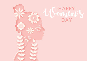 Paper cut woman face with flowers and leaves vector illustration. Happy woman's day card or banner with floral female silhouette in paper cut style