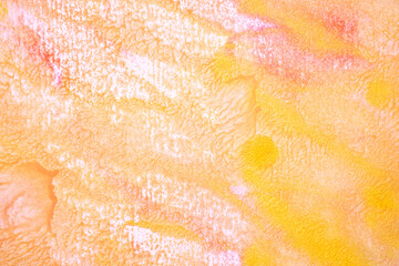 Watercolor autumn texture background. Orange and yellow abstract landscape gradient. Peach batik graphic. Fall color painting. Design illustration brush stroke. Aquarelle art backdrop