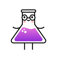 Cute lab flask with eyeglasses. Girls in science idea. Kawaii Erlenmeyer glass bottle smiling. Science, chemistry, pharmacy concept. Funny cartoon character. STEM. Vector illustration, flat, clip art.