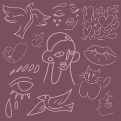A set of vector images in pencil style on a blue background. A series of vector pictures for tattoos, stickers, print, magazines and website. Pictures of a girl, eyes, cat, lips, hearts, birds.