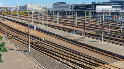 Top perspective view on many railway track lines. Railway, railroad track. Cargo and journey concepts.