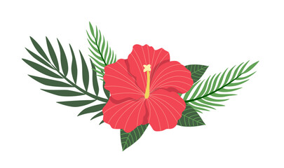 Bouquet with hibiscus and exotic palm leaves isolated on white background. Card with vector floral illustration. Flat Plant Composition. Botanical summer decor © Darya