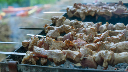 Selective focus. Cooking barbecue on the mangal in nature. Grilled tasty meet cooking on the party