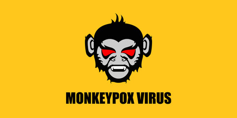 Monkeypox virus horizontal banner for awareness and alert against disease spread, symptoms or precautions. Monkey Pox concept illustration with angry monkey face silhouette on orange background