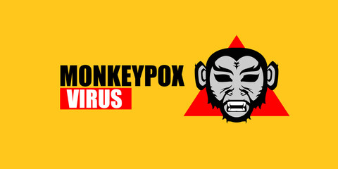 Monkeypox virus horizontal banner for awareness and alert against disease spread, symptoms or precautions. Monkey Pox concept illustration with angry monkey face silhouette on orange background