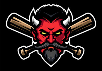 Logo demon, devil, Satan, monster, with crossed baseball bats. Halloween art in a flat style. Sport mascot, e-sports label. - obrazy, fototapety, plakaty