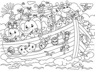Christian Bible story of Noah s Ark. Coloring book, white background, black lines.