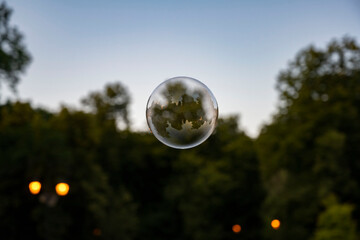 A soap bubble that looks like the planet Earth and in which trees are reflected