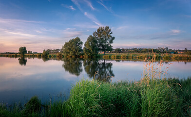 rural landscape on the river in Russia in July, Ural Sverdlovsk region 2022,